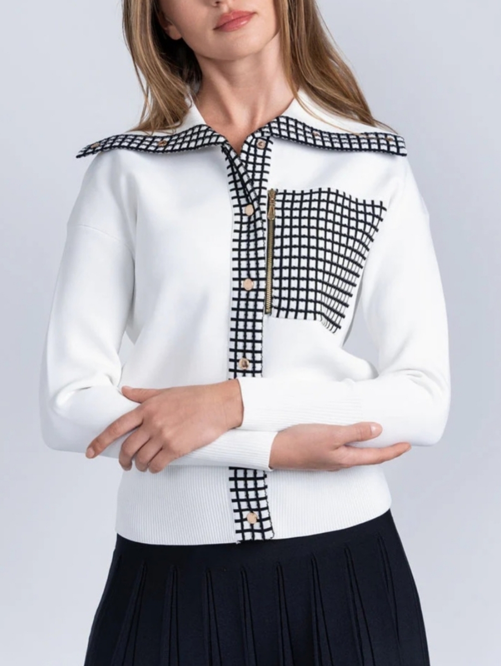 Aleeza White Knit Cardigan W/ Black Grid Trim & Pocket Detail- Classy!! - Picture 3 of 9